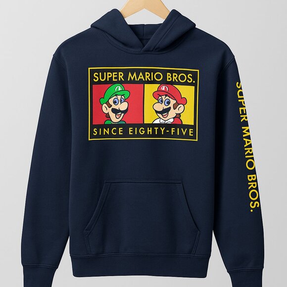 Super Mario Bros Hoodie Since Eighty-Five Navy Blue Nintendo XL 2020 - Picture 1 of 8